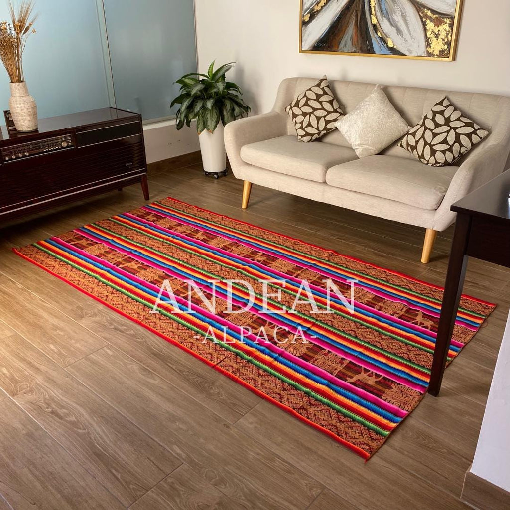 Peruvian Andean Blanket | Colorful Boho Textile | Traditional Aguayo Fabric | Inca Blanket | Handmade Ethnic Tablecloth - White and Gold