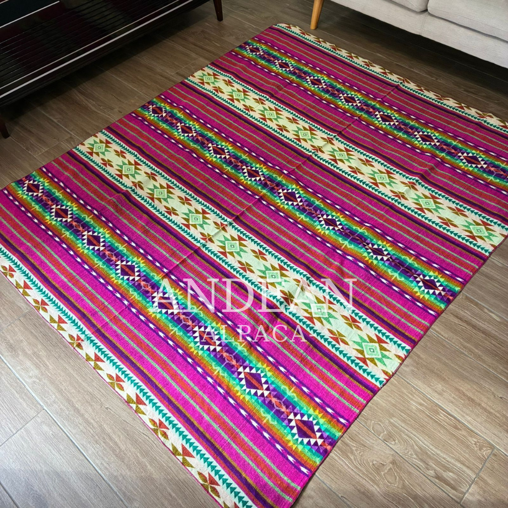Handwoven Alpaca Blanket 74x90in: Peruvian Throw, Boho Home Decor - Design 6
