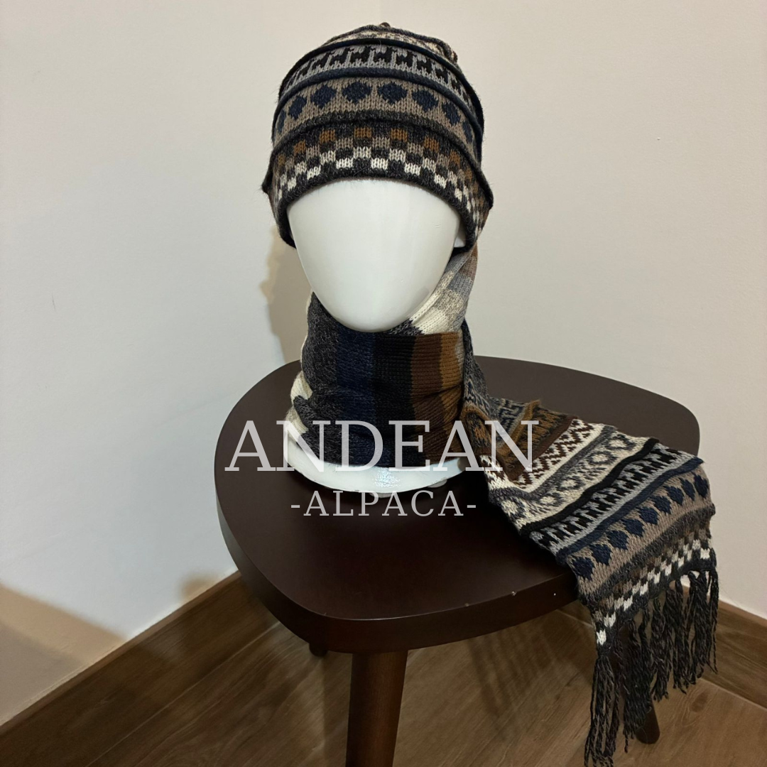 Handwoven Alpaca Wool Beanie & Scarf Set – Unisex Boho Winter Hat, Peruvian Artisan - Design 5