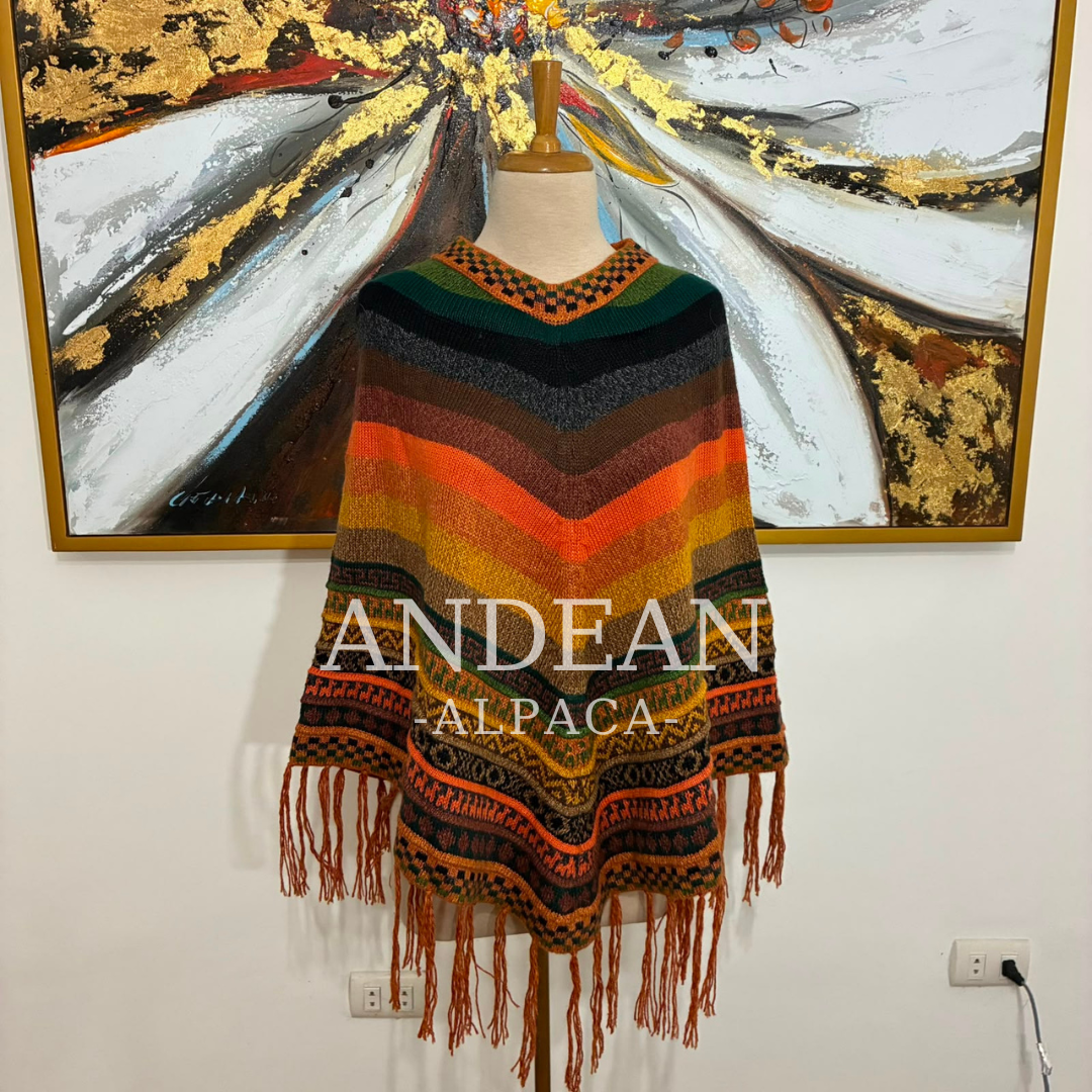 Handmade Peruvian Poncho / Warm Unisex Peruvian Alpaca Wool Poncho / Andean Poncho for Men and Women - Design 4