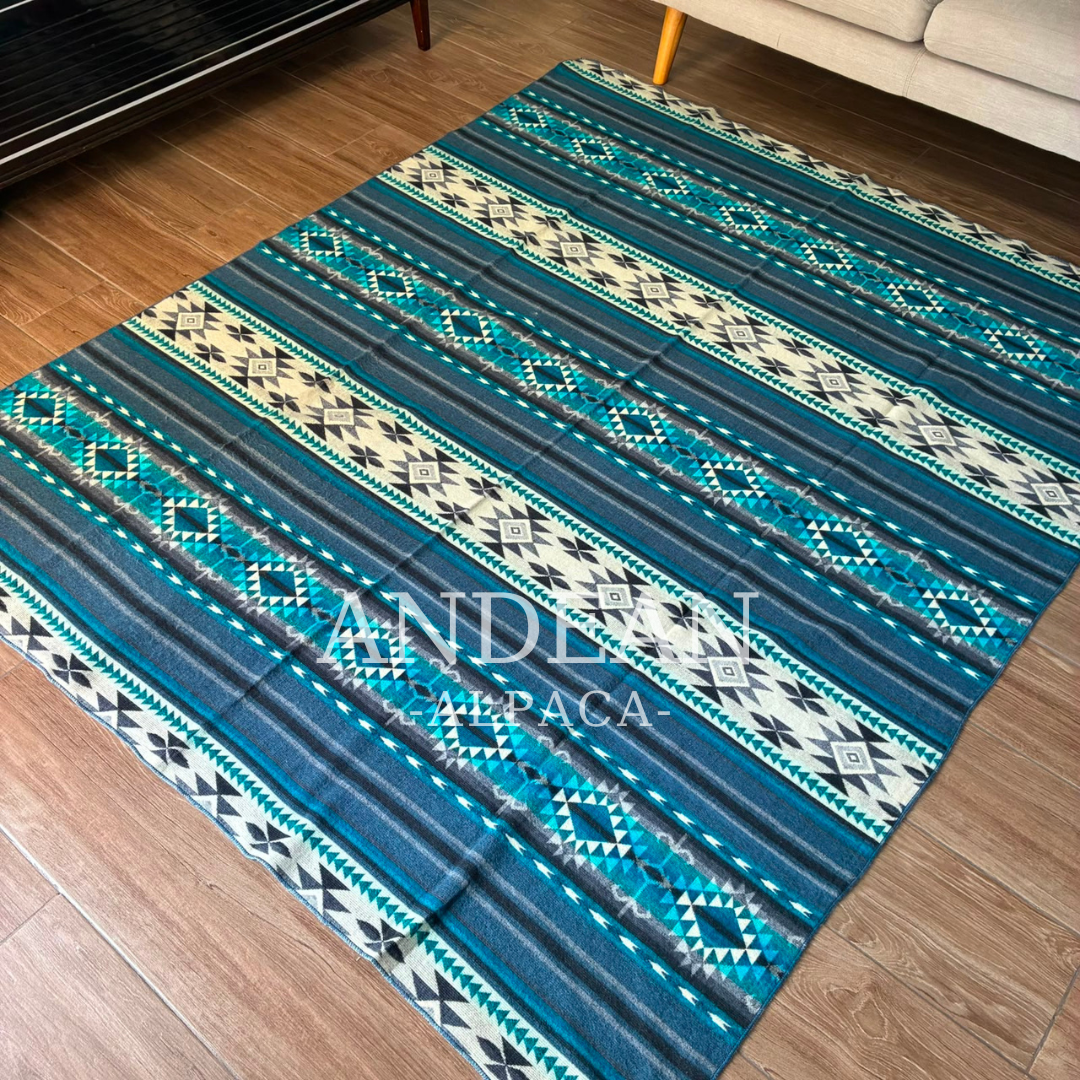 Handwoven Alpaca Blanket 74x90in: Peruvian Throw, Boho Home Decor - Design 9