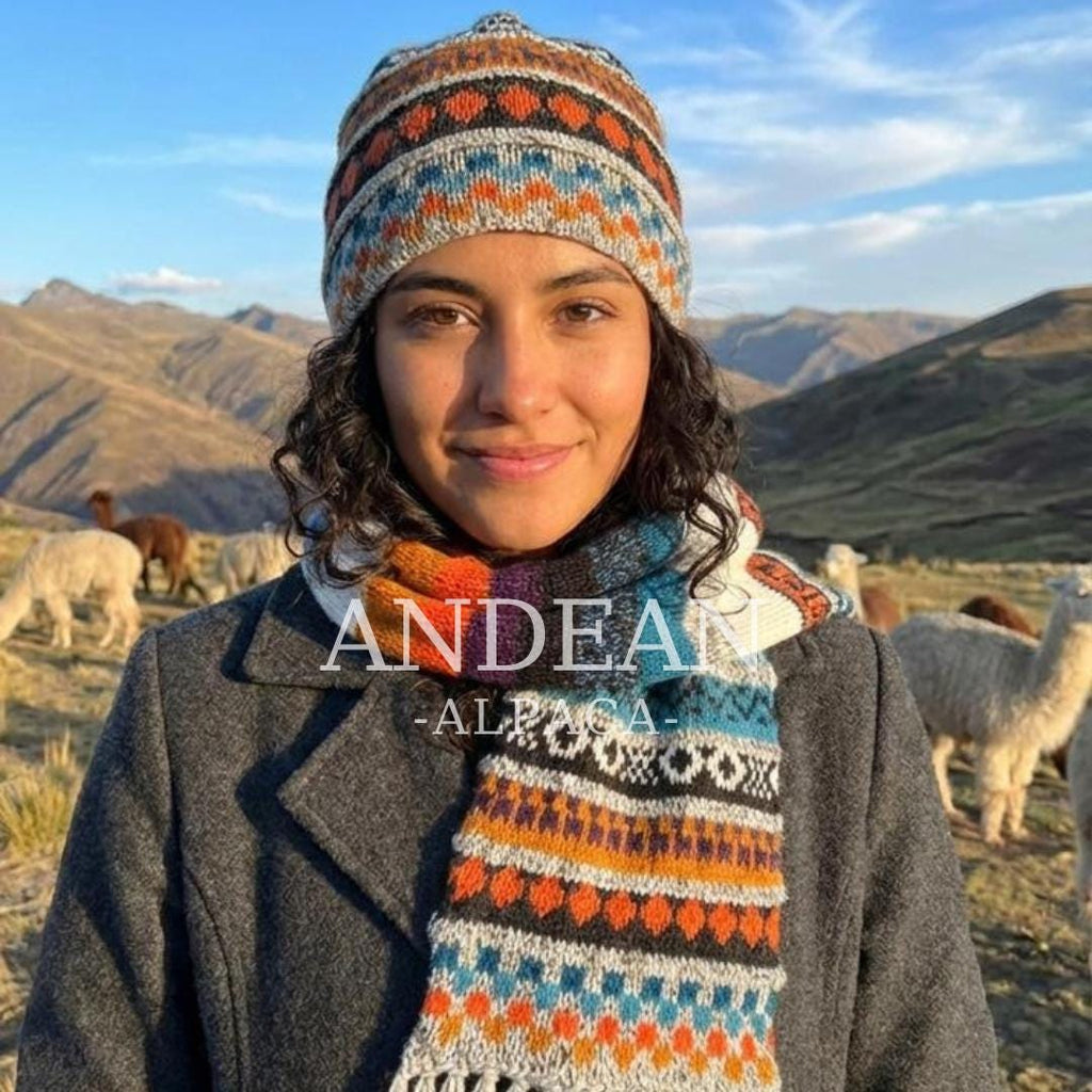 Handwoven Alpaca Wool Beanie & Scarf Set – Unisex Boho Winter Hat, Peruvian Artisan - Design 3