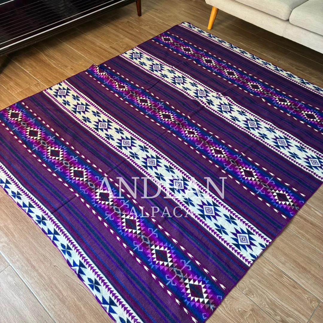 Handwoven Alpaca Blanket 74x90in: Peruvian Throw, Boho Home Decor - Design 5