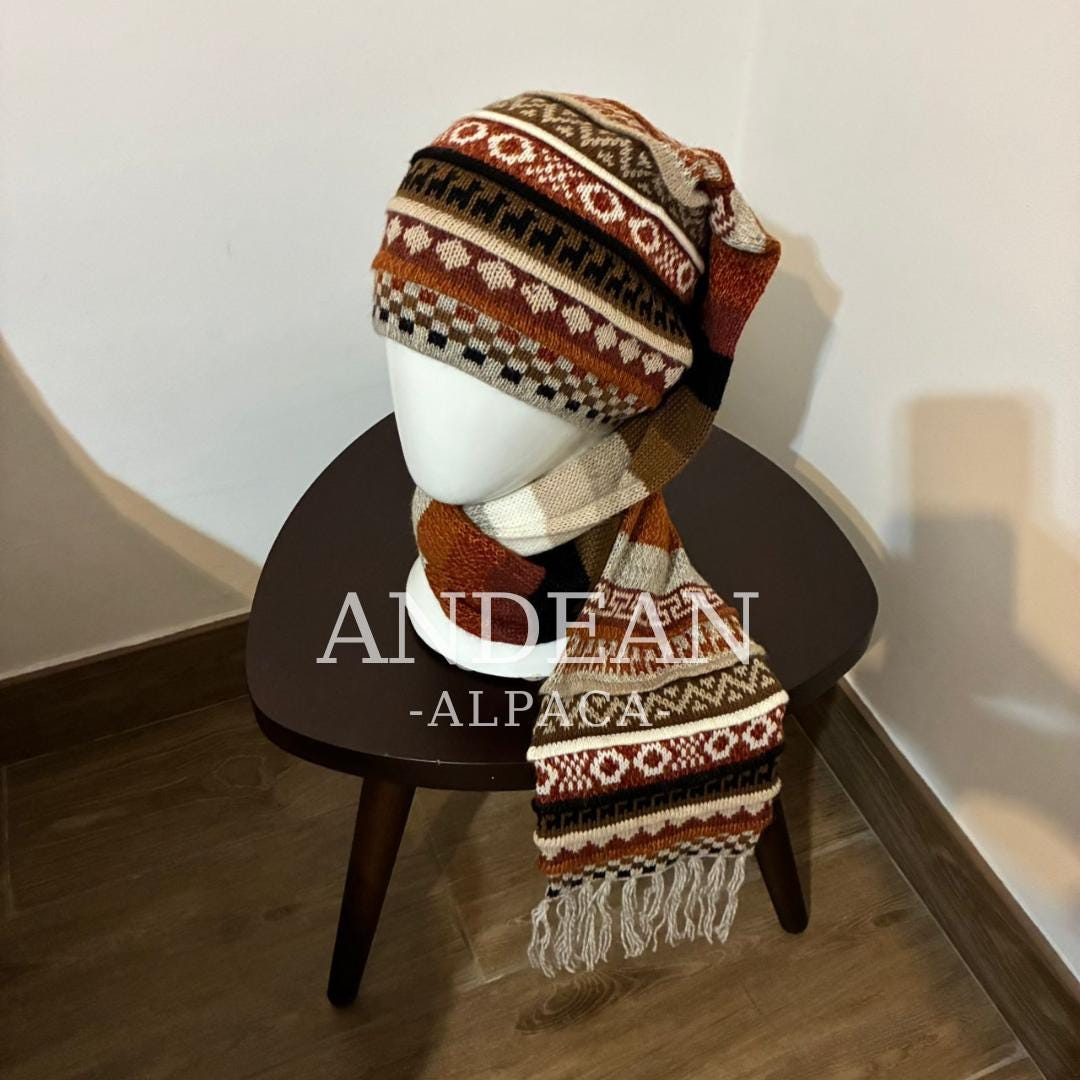 Handwoven Alpaca Wool Beanie & Scarf Set – Unisex Boho Winter Hat, Peruvian Artisan - Design 5