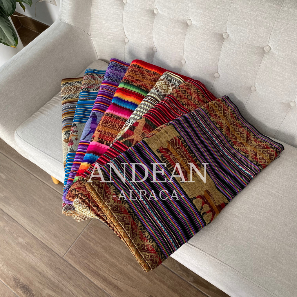 Peruvian Andean Blanket | Colorful Boho Textile | Traditional Aguayo Fabric | Inca Blanket | Handmade Ethnic Tablecloth - White and Gold