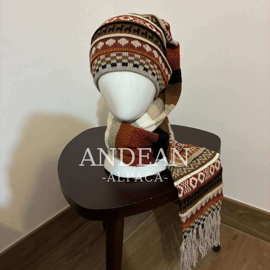 Handwoven Alpaca Wool Beanie & Scarf Set – Unisex Boho Winter Hat, Peruvian Artisan - Design 5
