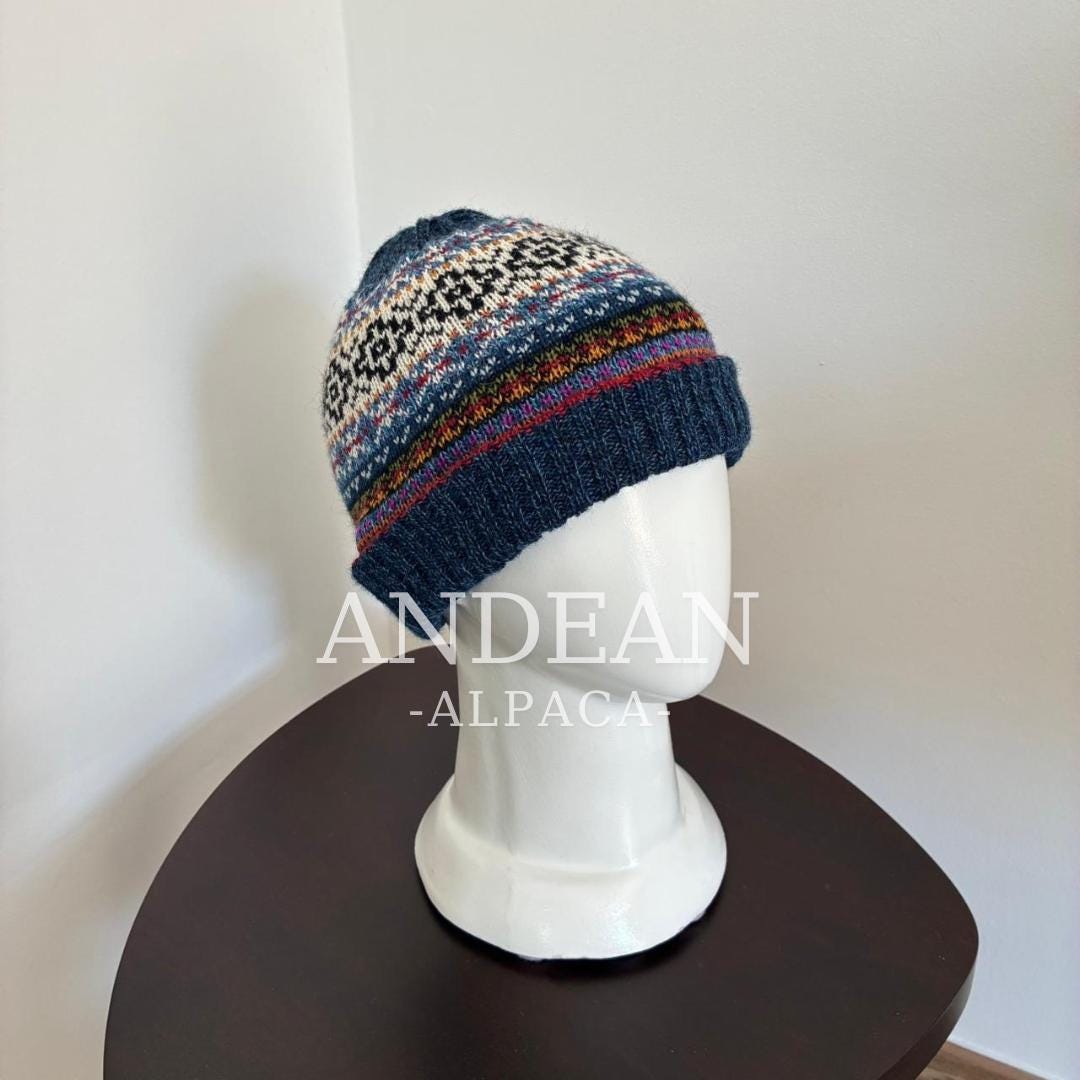 Gorro de lana de alpaca tejido a mano – Diseño andino, gorro unisex de invierno