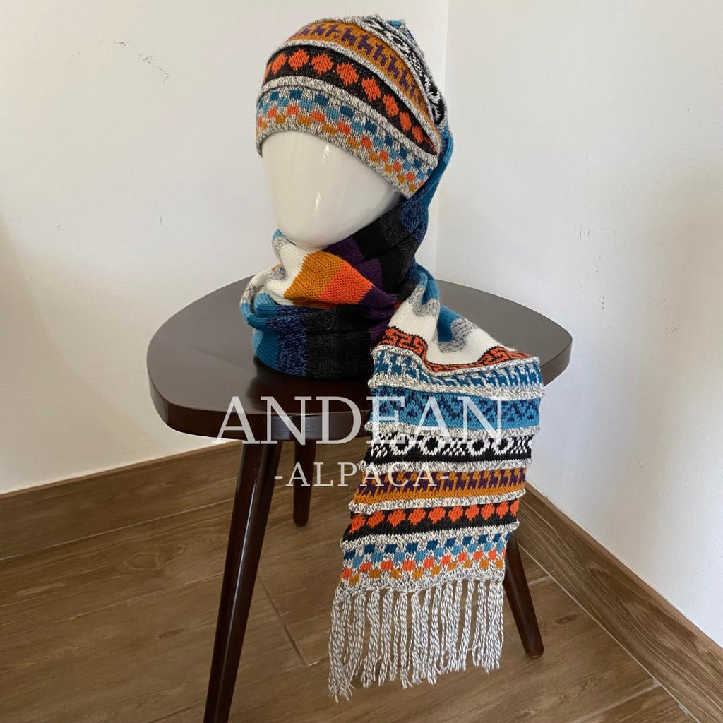 Handwoven Alpaca Wool Beanie & Scarf Set – Unisex Boho Winter Hat, Peruvian Artisan - Design 3