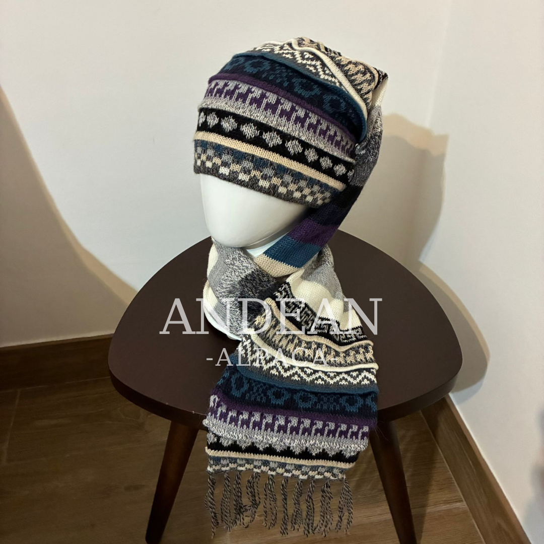 Handwoven Alpaca Wool Beanie & Scarf Set – Unisex Boho Winter Hat, Peruvian Artisan - Design 5