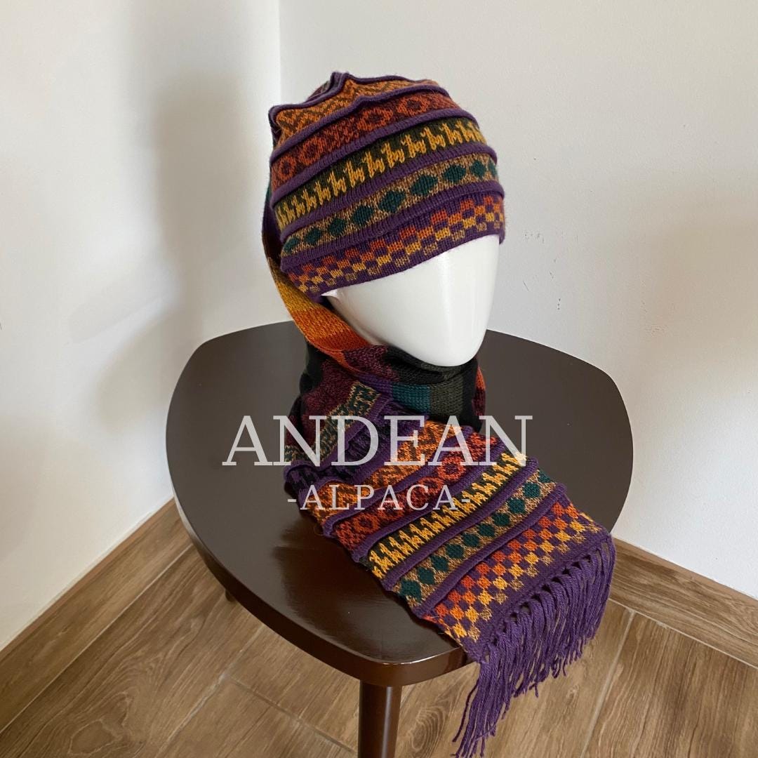Handwoven Alpaca Wool Beanie & Scarf Set – Unisex Boho Winter Hat, Peruvian Artisan - Design 5