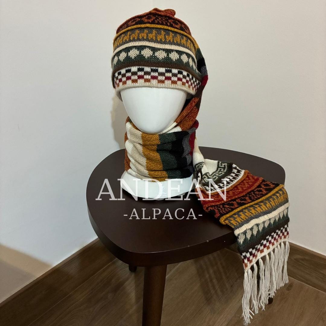 Handwoven Alpaca Wool Beanie & Scarf Set – Unisex Boho Winter Hat, Peruvian Artisan - Design 5