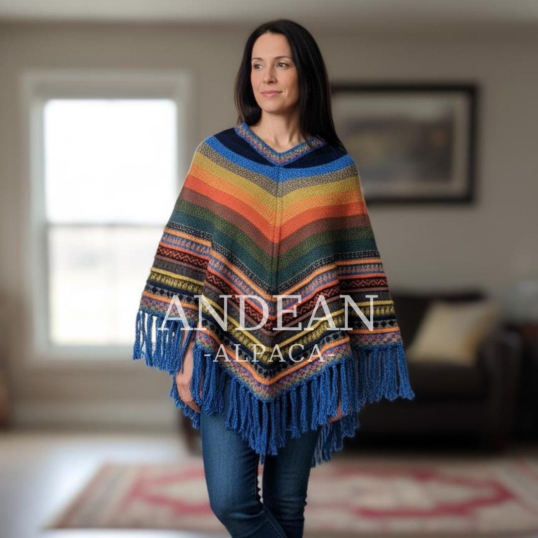 Handmade Peruvian Poncho / Warm Unisex Peruvian Alpaca Wool Poncho / Andean Poncho for Men and Women