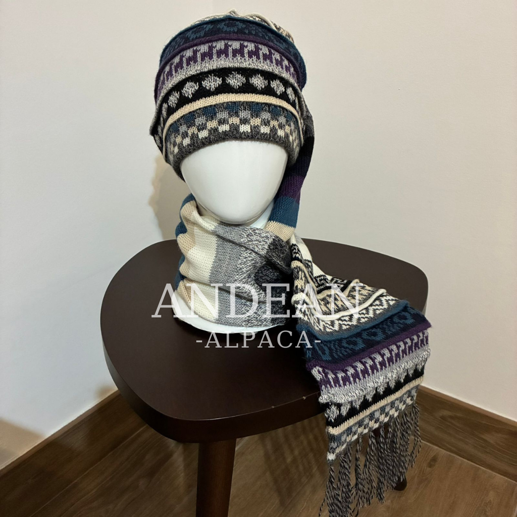 Handwoven Alpaca Wool Beanie & Scarf Set – Unisex Boho Winter Hat, Peruvian Artisan - Design 3