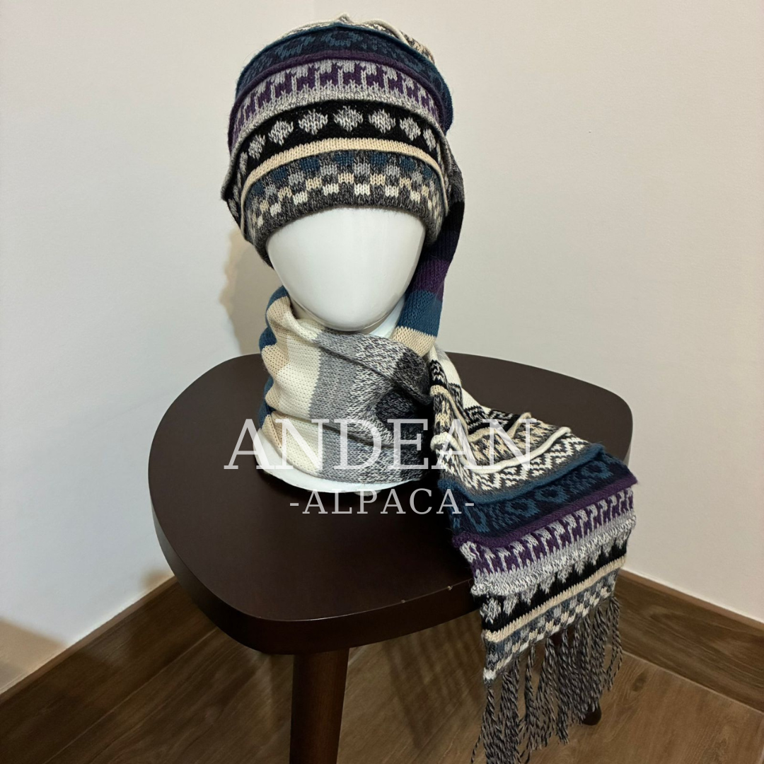 Handwoven Alpaca Wool Beanie & Scarf Set – Unisex Boho Winter Hat, Peruvian Artisan - Design 2