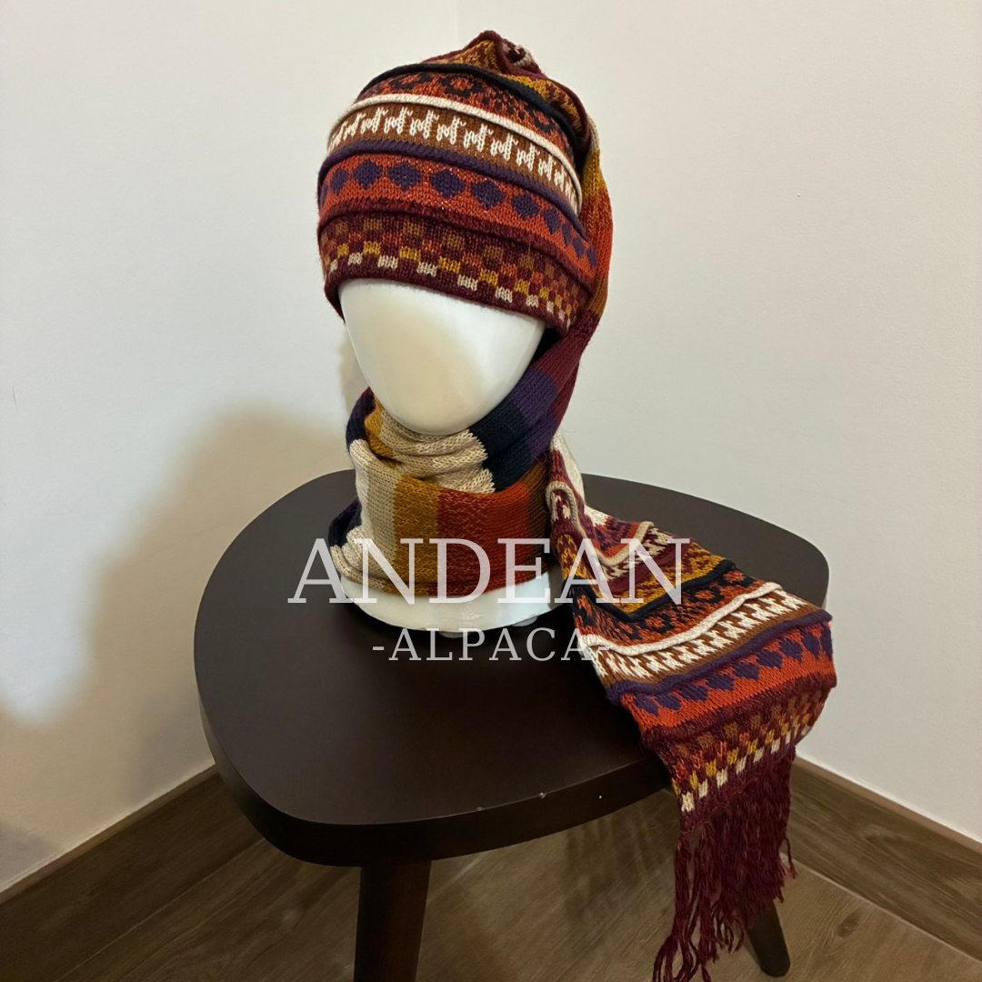Handwoven Alpaca Wool Beanie & Scarf Set – Unisex Boho Winter Hat, Peruvian Artisan - Design 5