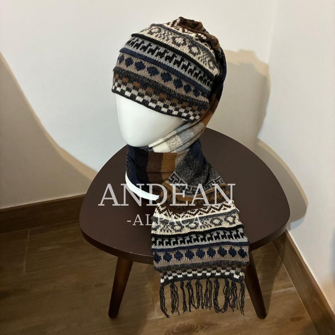 Handwoven Alpaca Wool Beanie & Scarf Set – Unisex Boho Winter Hat, Peruvian Artisan - Design 5