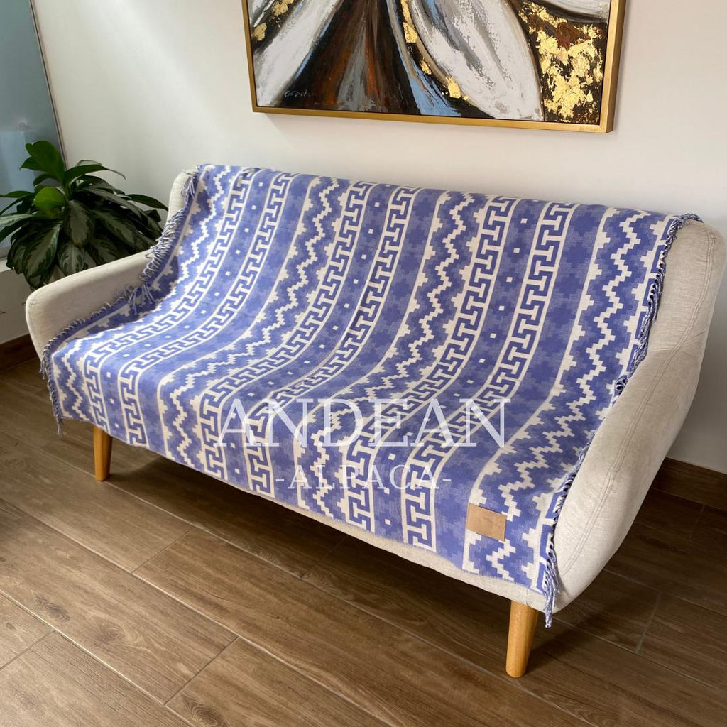 Handwoven Alpaca Blanket: Peruvian Throw, Boho Home Decor - Blue