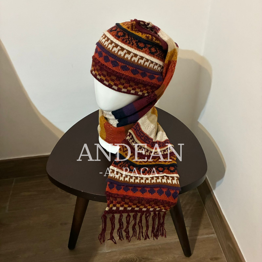Handwoven Alpaca Wool Beanie & Scarf Set – Unisex Boho Winter Hat, Peruvian Artisan - Design 5