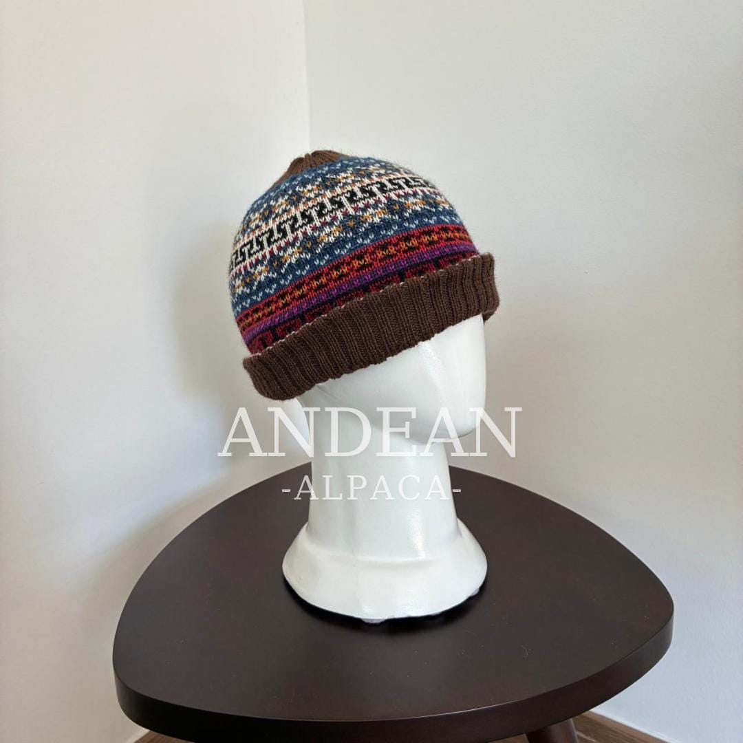 Gorro de lana de alpaca tejido a mano – Diseño andino, gorro unisex de invierno