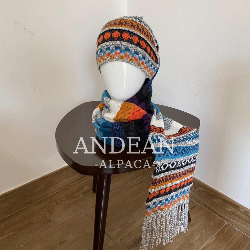 Handwoven Alpaca Wool Beanie & Scarf Set – Unisex Boho Winter Hat, Peruvian Artisan - Design 3