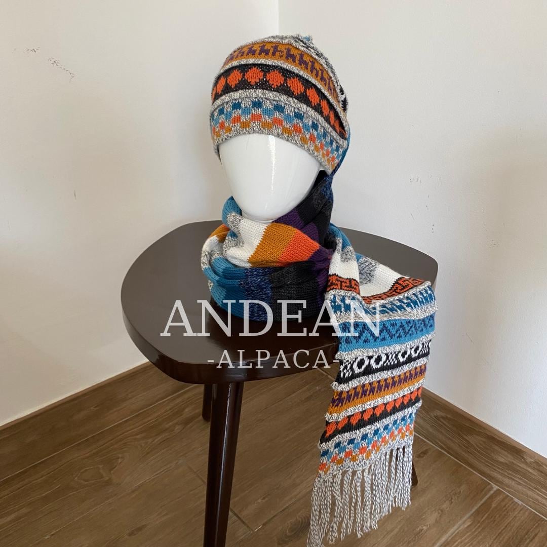 Handwoven Alpaca Wool Beanie & Scarf Set – Unisex Boho Winter Hat, Peruvian Artisan - Design 4