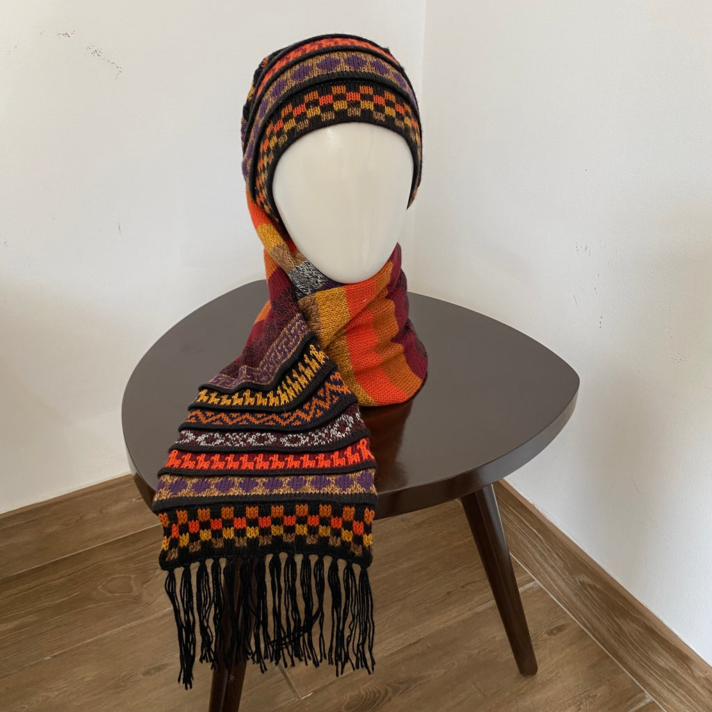 Handwoven Alpaca Wool Beanie & Scarf Set – Unisex Boho Winter Hat, Peruvian Artisan - Design 4