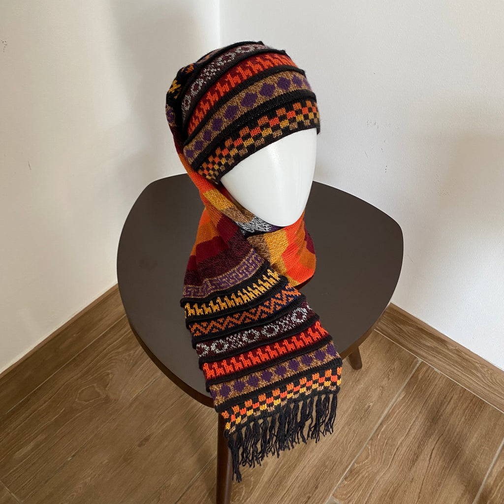 Handwoven Alpaca Wool Beanie & Scarf Set – Unisex Boho Winter Hat, Peruvian Artisan - Design 4