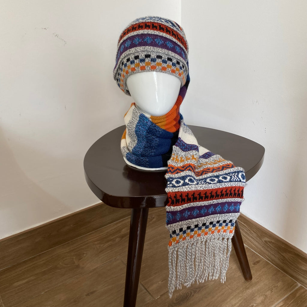 Handwoven Alpaca Wool Beanie & Scarf Set – Unisex Boho Winter Hat, Peruvian Artisan - Design 4