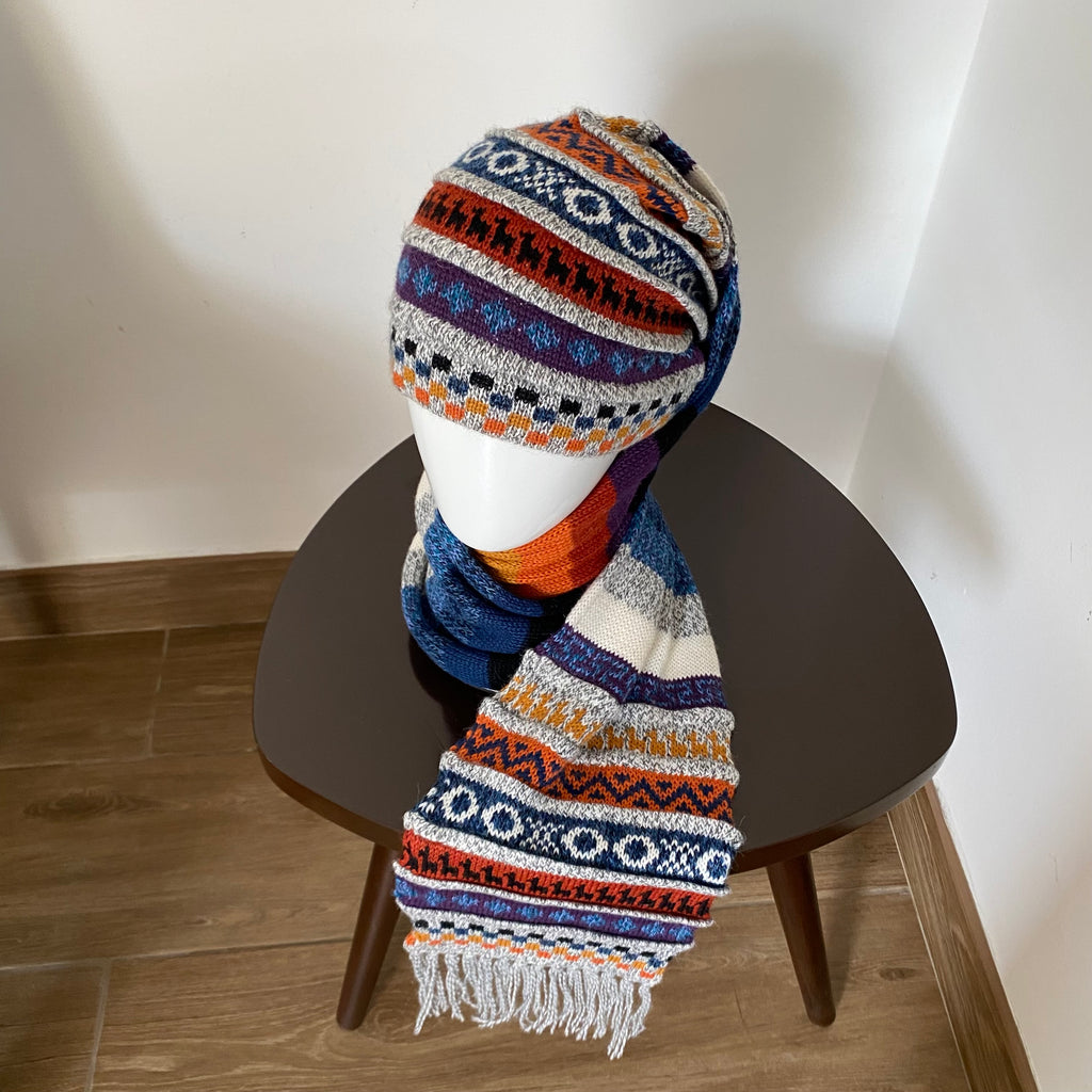 Handwoven Alpaca Wool Beanie & Scarf Set – Unisex Boho Winter Hat, Peruvian Artisan - Design 5