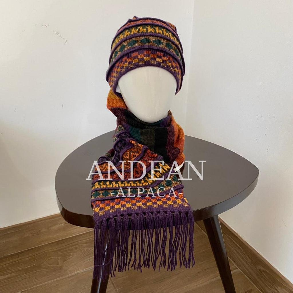 Handwoven Alpaca Wool Beanie & Scarf Set – Unisex Boho Winter Hat, Peruvian Artisan - Design 3